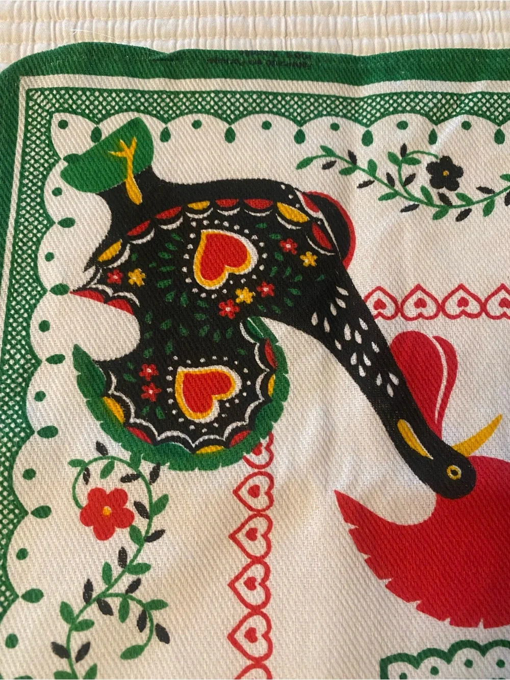 Vintage Cotton Tea Towel Folk Art Colorful Roosters Hearts Made In Portugal